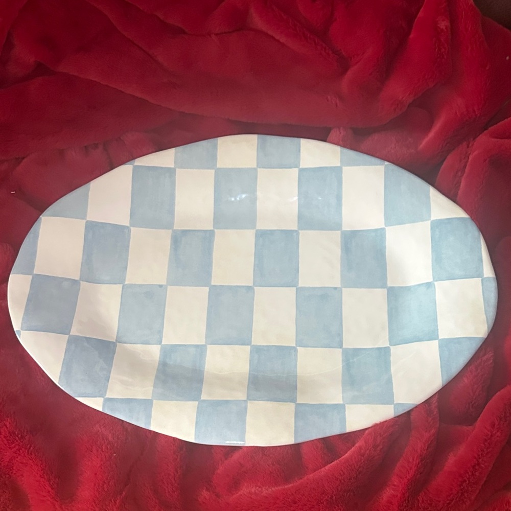 Melamine blue checkered oval serving tray